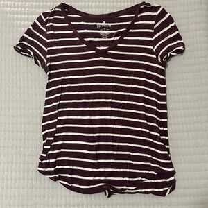 American Eagle Outfitters Women's Striped V-Neck Tee - Maroon and White